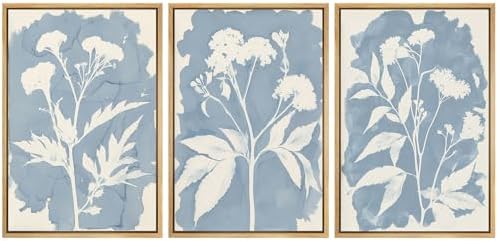 MUDECOR Framed Canvas Print Wall Art Blue Botanical Silhouette Soft Blue by MUDECOR