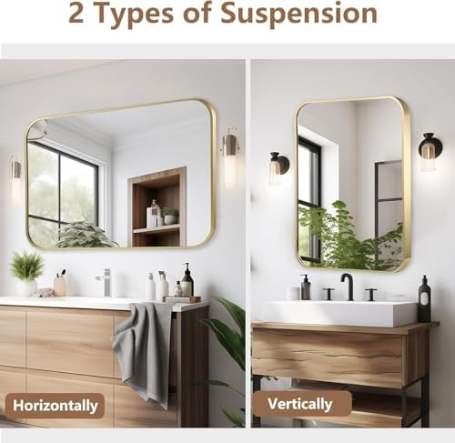 48x30 Inch Gold Bathroom Mirror, Brushed Brass Gold Metal Framed Rectangular - Image 6