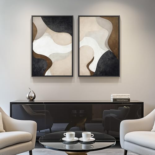 Framed Neutral Beige Brown Abstract Canvas Wall Art Set of 2, 16x24 In - Image 4