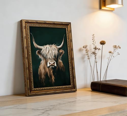 Vintage Gold Framed Canvas Wall Art, Retro Farmhouse Dark Highland Cow Painting - Image 3