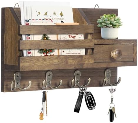 Key Holder Wall Mount, Wooden Key and Mail Organizer by HOMEBROS