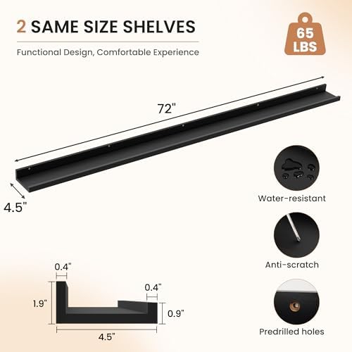 Dreamland Picture Ledge Shelf for Wall, Floating Shelves Set of 2, 72 inch Long - Image 3