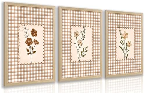 LERVR Wood Framed Vintage Floral Wall Art Set of 3, Rustic Farmhouse Flower by Unknown