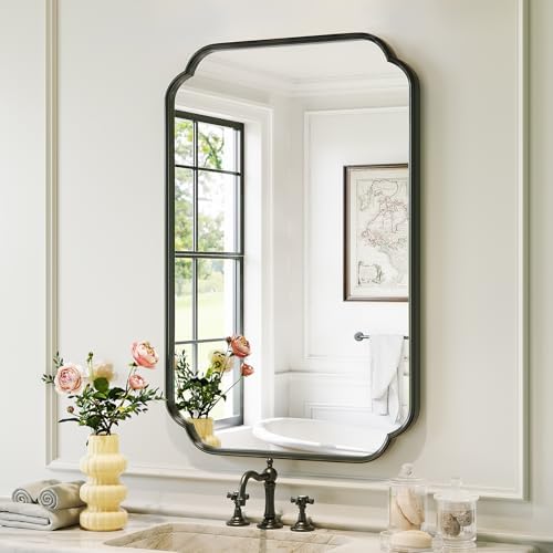 Black Scalloped Vanity Mirror, 24” x 36”Rounded Corner Rectangle Wall Mirrors by Wiserset