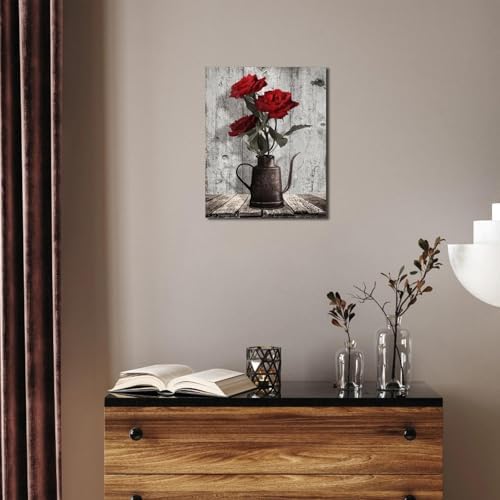 Red Rose Canvas Wall Art: Rustic Black Grey Flower Framed Bedroom Decor - Image 3