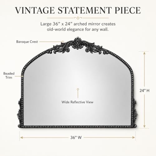 Arched Wall Mirror, 36×24 Inch Baroque Black Frame - Image 2