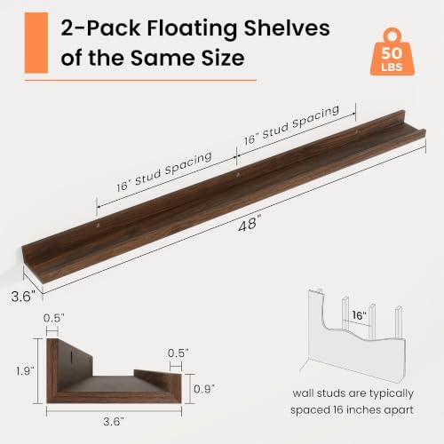 RICHFOCUS Picture Ledge Shelf, 48 inch Floating Shelves Set of 2, Wood Wall - Image 3