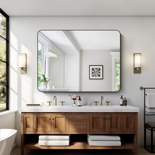 Bathroom Mirror, 48x36 inch Black Rectangle Wall Mirror, Metal Frame Rounded - Image 2