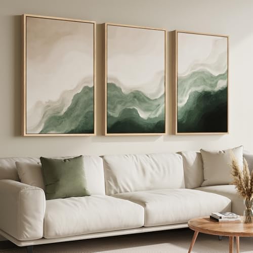 Large Framed Green and Beige Abstract Wall Art, 3 Piece Set, Each 20x30 In - Image 2