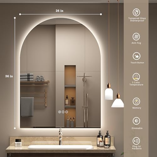 26x36 Inch Backlit Arched LED Bathroom Mirror - Image 2