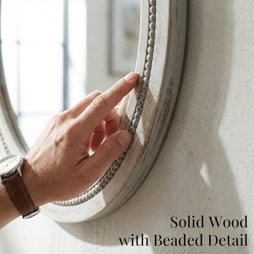 Solid Wood 30 Inch Round Beaded Vanity Wall Mirror, Weathered Gray - Image 3