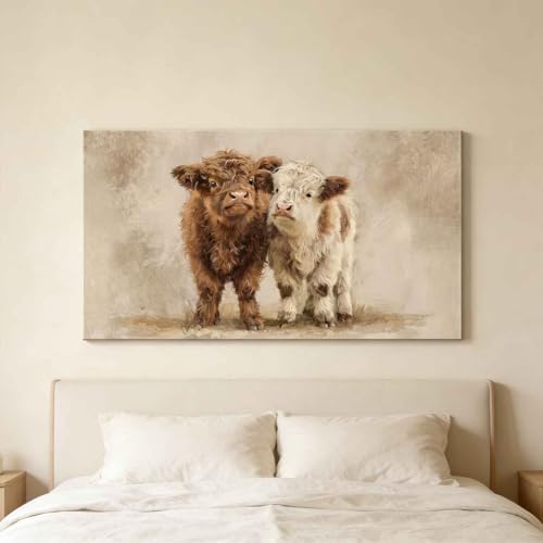 Highland Cow Calves Canvas Wall Art Large Retro Calf Decor Painting Picture - Image 6
