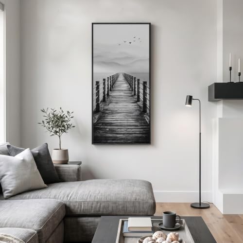Framed Black and White Lake Pier Landscape Wall Art - Image 2