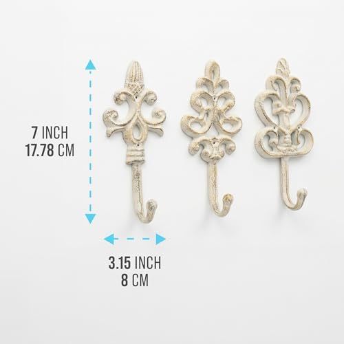 Comfify Rustic White Cast Iron Wall Hooks Set of 3 – Farmhouse Coat Hooks - Image 4