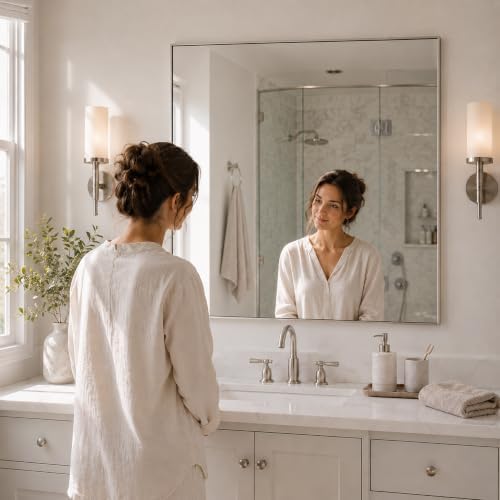 30"x30" Brushed Nickel Framed Square Bathroom Vanity Wall Mirror - Image 4