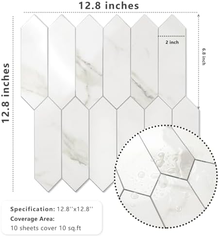 Vamos Tile Glossy White Marble Backsplash Tile Peel and Stick, 12.8 x 12.8 Inch - Image 5