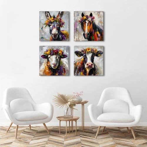 Set of 4 Farmhouse Animal Canvas Wall Art Dinner Room Decoration Abstract - Image 4