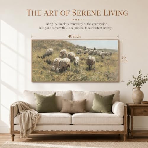 Farmhouse Framed Wall Art, Vintage Sheep on the Dunes Picture, 20x40 Inch - Image 2