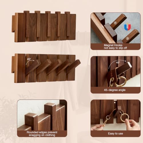 Coat Rack Wall Mount, Walnut 5 Flip-Down Picket Hanger Hooks - Image 4