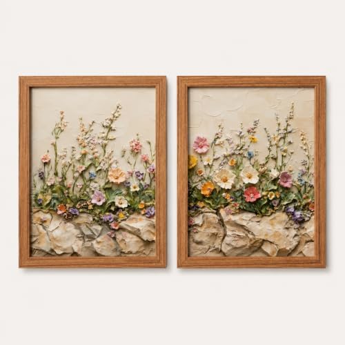 2Pcs Wood Framed Floral Canvas Wall Art Textured Relief Painting Prints Flower by NCYEL