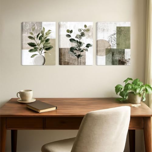 Boho Abstract Eucalyptus leaves Canvas Wrapped Wall Art Set of 3 16x12in - Image 6