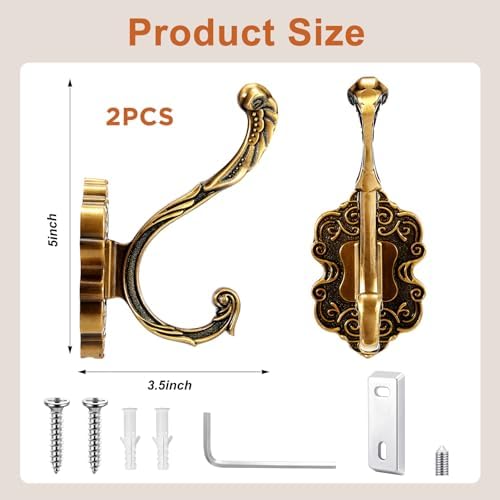 Zonon 2 Pcs Antique Gold Vintage Antique Coat Hooks Wall Mounted - Image 2