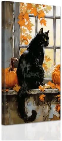 SWQYLB Autumn Pictures Wall Art Black Cat Fall Decor Halloween Animal Canvas by SWQYLB