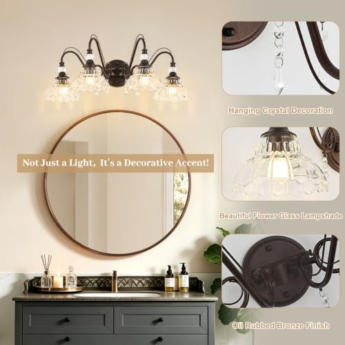 Vintage Bathroom Vanity Light, 4-Light Oil Rubbed Bronze Finish Wall Sconce - Image 4