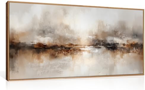 Large Abstract Brown Pastel Framed Canvas Wall Art, Neutral Black Gray Wall by Unknown