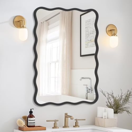 PROHOMEWARE 20x28 Black Wavy Irregular Bathroom Mirror, Wall-Mounted by PROHOMEWARE