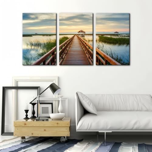 Pacimo Wooden Bridge Wall Art Posters Lotus Lake on Sunset Pictures National - Image 3