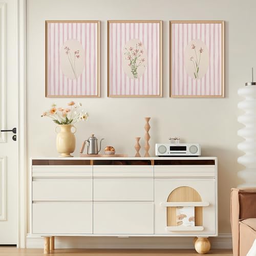 Youillne Pink Flower Wall Art Striped Floral Prints Botanical Canvas Wall Decor - Image 4