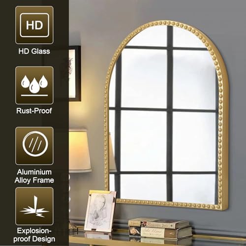 Gold Arched Mirrors for Wall, Beaded Framed Metal Accent Wall Mirror Decorative - Image 6