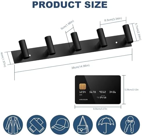 VAEHOLD Black Hat and Coat Wall Mount Rack 5 Hooks - Image 3