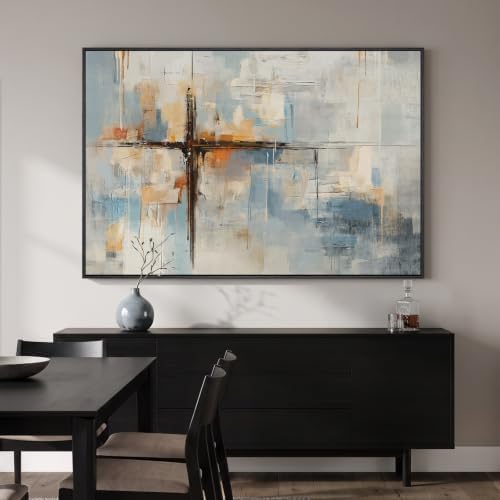 Extra Large Framed Blue Orange Abstract Cross Wall Art, Horizontal 60x40 In - Image 4