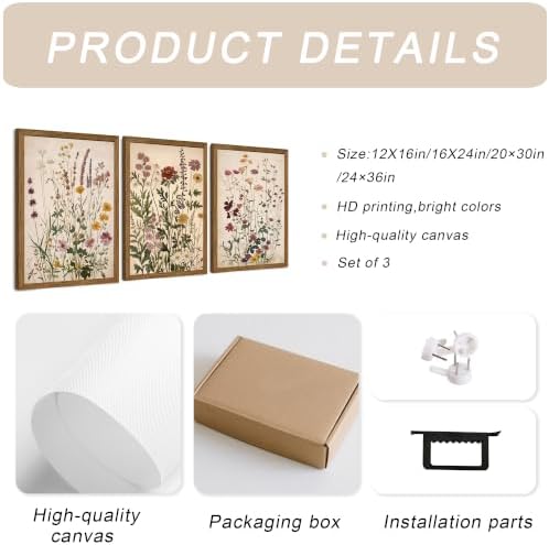 WRFON Botanical and Flower Canvas Wall Art, Framed Wildflower Wall Art Set of 3 - Image 6