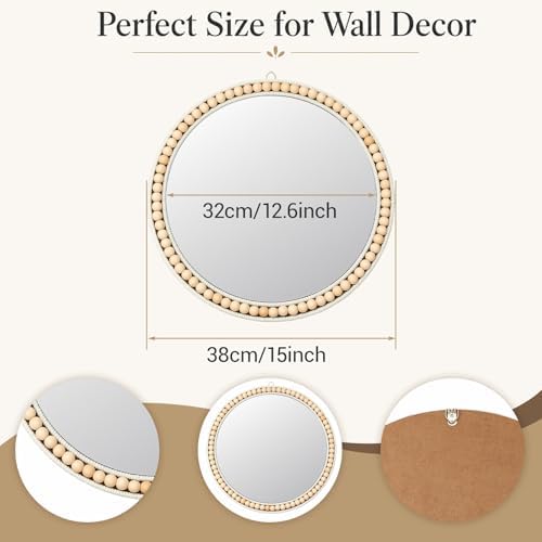 Glooglitter 15 Inch Boho Round Wall Mirror, Beaded Wood Frame Hanging Mirror - Image 3