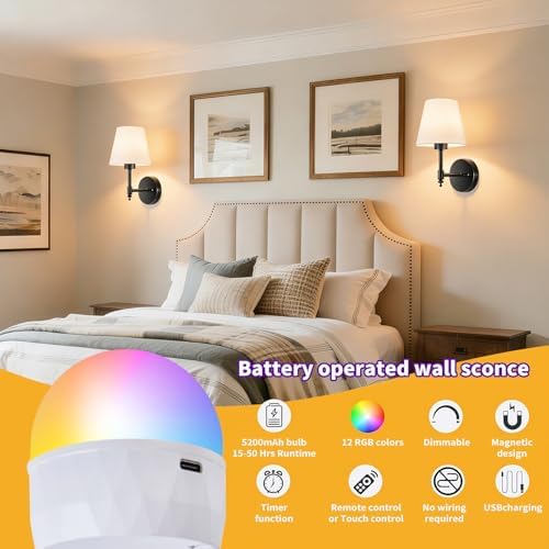 Battery Operated Wall Sconce Set of 2, Rechargeable Wireless Wall Lights - Image 2