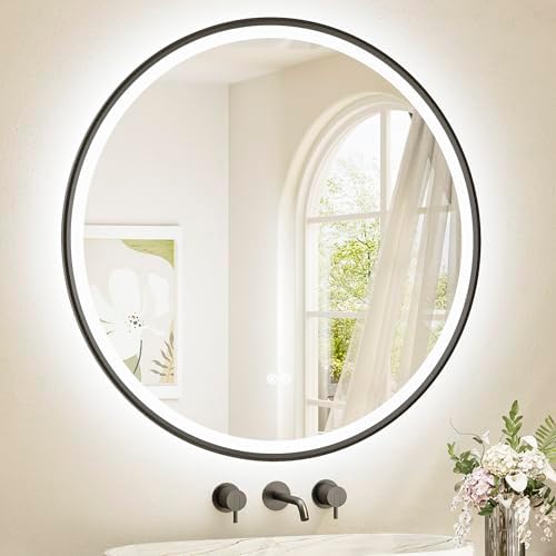 TETOTE Round Led Lighted Bathroom Mirror Matte Black Frame 36 Inch Front and by TETOTE