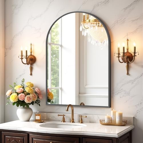 Bathroom Mirror for Wall, 30x20 Inch Arched Mirror, Matte Black Metal Framed by Atilioo