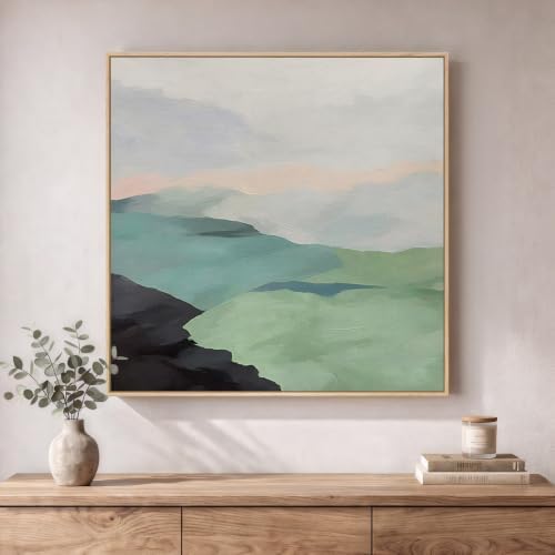 Large Framed Modern Neutral Green Abstract Landscape Wall Art, 30x30 In by Cuspin