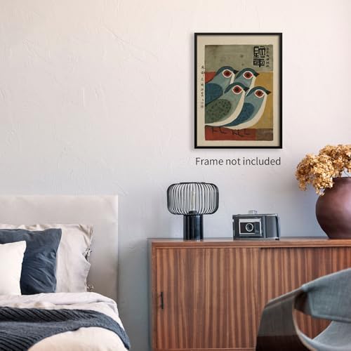 WIUHIO Mid Century Japanese Bird Wall Art Retro Blue Bird Canvas Poster Modern - Image 3