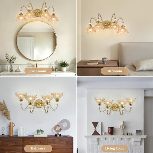 Vintage Bathroom Vanity Light, 4-Light Brushed Gold Finish Wall Sconce - Image 5