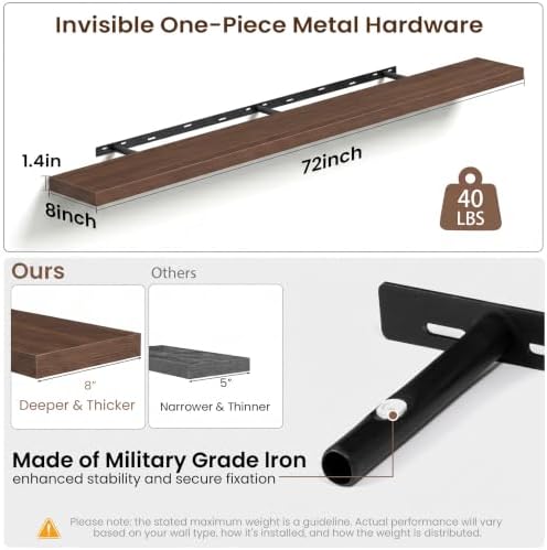 Acovy 72x8in Floating Shelves 2 Pack, Wall Mount Display Shelf - Image 3