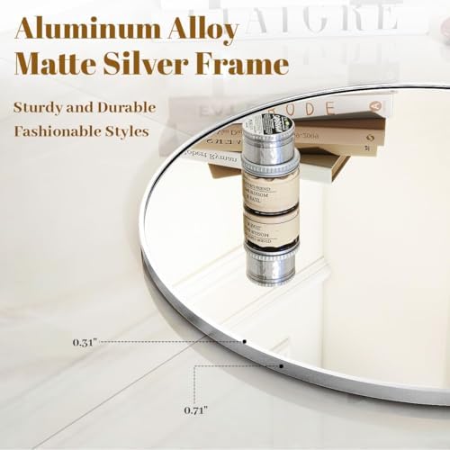 VooBang Silver Round Bathroom Mirror 24", Thin Metal Frame Wall Mirror - Image 3