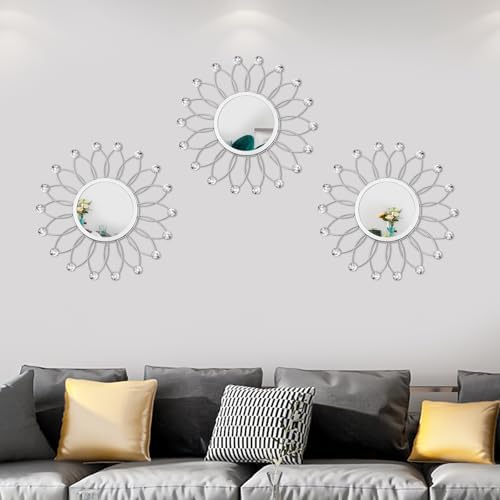 3 Pack Metal Mirrors for Wall Sunburst Wall Mirror Silver Crystal Wall Art - Image 3
