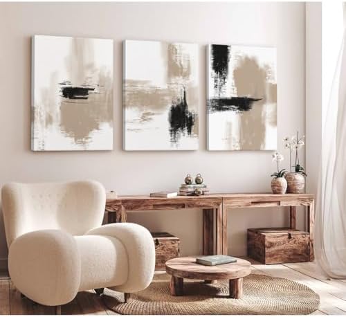 Beige Abstract Wall Art Painting Set of 3 Neutral Canvas Wall Art Prints Black - Image 3