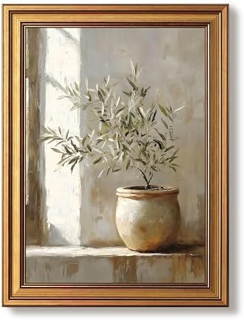 Vintage Gold Framed Olive Tree Canvas Wall Art, Neutral Botanical Pictures Wall by Unknown