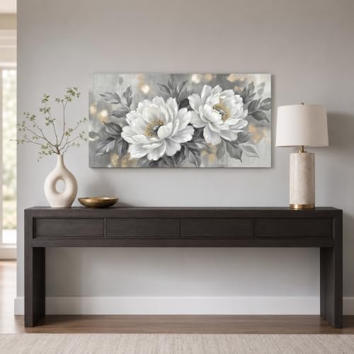 Anolyfi White Peony Neutral Floral Canvas Wall Art - Image 6