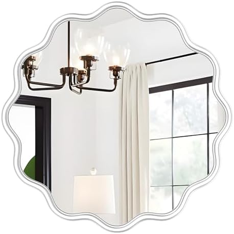 PROHOMEWARE White Round Mirror 24 Inch Wavy Bathroom Vanity Mirror White Frame by PROHOMEWARE